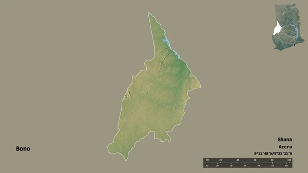 ガーナの地域であるボノの形は その資本がしっかりとした背景に隔離されています 距離スケール リージョンプレビュー およびラベル 地形図 3Dレンダリング — ストック写真