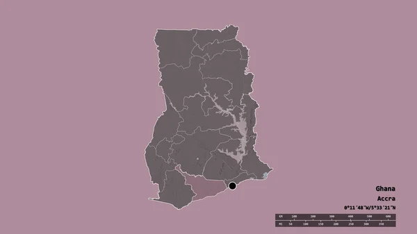 主要な地域部門と分離された中央地域とガーナの荒廃した形 ラベル 色の標高マップ 3Dレンダリング — ストック写真