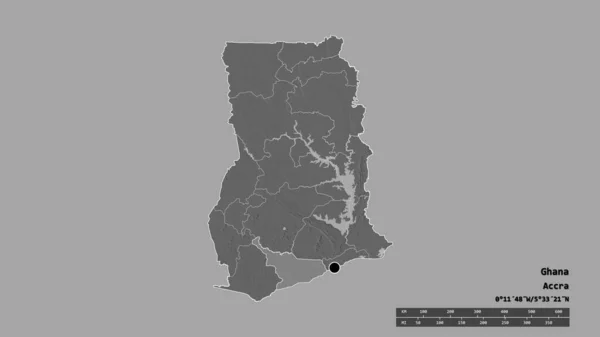 主要な地域部門と分離された中央地域とガーナの荒廃した形 ラベル 標高マップ 3Dレンダリング — ストック写真