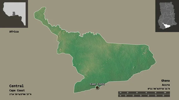 中央の形 ガーナの地域 その首都 距離スケール プレビューおよびラベル 地形図 3Dレンダリング — ストック写真