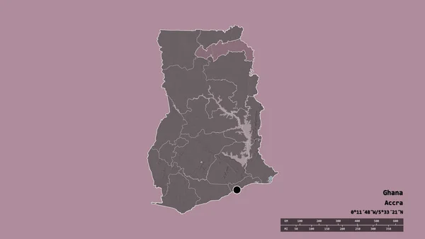 主要な地域部門と分離した北東部地域でガーナの荒廃した形 ラベル 色の標高マップ 3Dレンダリング — ストック写真