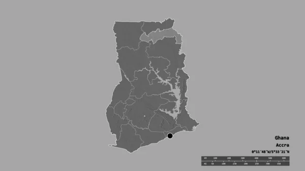 主要な地域部門と分離した北東部地域でガーナの荒廃した形 ラベル 標高マップ 3Dレンダリング — ストック写真