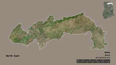 Kuzeydoğu 'nun şekli, Gana bölgesi, başkenti katı bir zemin üzerinde izole edilmiş. Uzaklık ölçeği, bölge önizlemesi ve etiketleri. Uydu görüntüleri. 3B görüntüleme