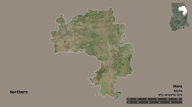 Kuzeyin şekli, Gana bölgesi, sermayesi katı bir zemin üzerinde izole edilmiş. Uzaklık ölçeği, bölge önizlemesi ve etiketleri. Uydu görüntüleri. 3B görüntüleme