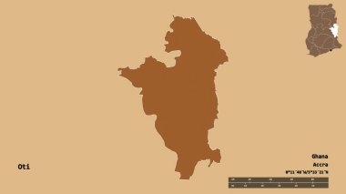 Oti 'nin şekli, Gana bölgesi, sermayesi sağlam arka planda izole edilmiş. Uzaklık ölçeği, bölge önizlemesi ve etiketleri. Desenli dokuların bileşimi. 3B görüntüleme