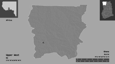 Yukarı Batı 'nın şekli, Gana bölgesi ve başkenti. Uzaklık ölçeği, ön gösterimler ve etiketler. Çift seviyeli yükseklik haritası. 3B görüntüleme