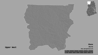 Yukarı Batı 'nın şekli, Gana bölgesi, başkenti katı arka planda izole edilmiş. Uzaklık ölçeği, bölge önizlemesi ve etiketleri. Çift seviyeli yükseklik haritası. 3B görüntüleme