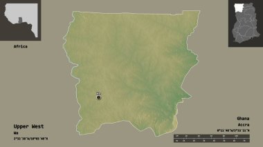 Yukarı Batı 'nın şekli, Gana bölgesi ve başkenti. Uzaklık ölçeği, ön gösterimler ve etiketler. Topografik yardım haritası. 3B görüntüleme