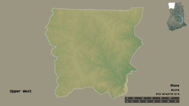 Yukarı Batı 'nın şekli, Gana bölgesi, başkenti katı arka planda izole edilmiş. Uzaklık ölçeği, bölge önizlemesi ve etiketleri. Topografik yardım haritası. 3B görüntüleme