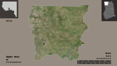 Yukarı Batı 'nın şekli, Gana bölgesi ve başkenti. Uzaklık ölçeği, ön gösterimler ve etiketler. Uydu görüntüleri. 3B görüntüleme