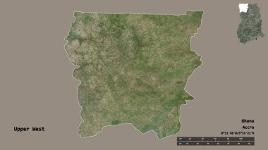 Yukarı Batı 'nın şekli, Gana bölgesi, başkenti katı arka planda izole edilmiş. Uzaklık ölçeği, bölge önizlemesi ve etiketleri. Uydu görüntüleri. 3B görüntüleme