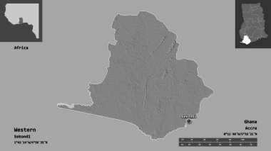 Batının şekli, Gana bölgesi ve başkenti. Uzaklık ölçeği, ön gösterimler ve etiketler. Çift seviyeli yükseklik haritası. 3B görüntüleme