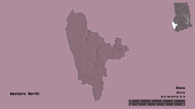 Batı Kuzey 'in şekli, Gana bölgesi, başkenti katı bir zemin üzerinde izole edilmiş. Uzaklık ölçeği, bölge önizlemesi ve etiketleri. Renkli yükseklik haritası. 3B görüntüleme