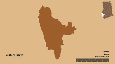 Batı Kuzey 'in şekli, Gana bölgesi, başkenti katı bir zemin üzerinde izole edilmiş. Uzaklık ölçeği, bölge önizlemesi ve etiketleri. Desenli dokuların bileşimi. 3B görüntüleme