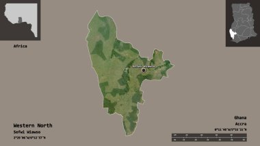 Batı Kuzey 'in şekli, Gana bölgesi ve başkenti. Uzaklık ölçeği, ön gösterimler ve etiketler. Uydu görüntüleri. 3B görüntüleme