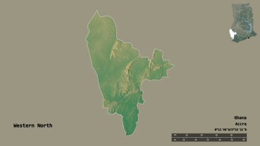 Batı Kuzey 'in şekli, Gana bölgesi, başkenti katı bir zemin üzerinde izole edilmiş. Uzaklık ölçeği, bölge önizlemesi ve etiketleri. Topografik yardım haritası. 3B görüntüleme