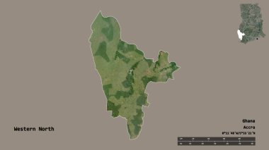 Batı Kuzey 'in şekli, Gana bölgesi, başkenti katı bir zemin üzerinde izole edilmiş. Uzaklık ölçeği, bölge önizlemesi ve etiketleri. Uydu görüntüleri. 3B görüntüleme