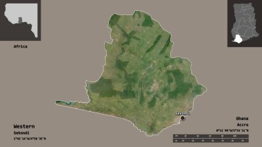 Batının şekli, Gana bölgesi ve başkenti. Uzaklık ölçeği, ön gösterimler ve etiketler. Uydu görüntüleri. 3B görüntüleme