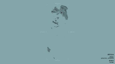 Yunanistan 'ın ademi merkeziyetçi idaresi Attica bölgesi, jeoreferatlı bir sınır kutusunda sağlam bir arka planda izole edilmiş. Etiketler. Renkli yükseklik haritası. 3B görüntüleme