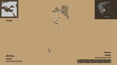 Attica 'nın şekli, Yunanistan' ın ademi merkeziyeti ve başkenti. Uzaklık ölçeği, ön gösterimler ve etiketler. Renkli yükseklik haritası. 3B görüntüleme