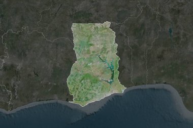 Gana 'nın şekli komşu bölgelerin dedoygunluğuyla ayrılır. Sınırlar. Uydu görüntüleri. 3B görüntüleme