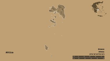 Yunanistan 'ın merkezden uzaklaştırılmış yönetimi olan Attica' nın şekli, sermayesi sağlam arka planda izole edilmiş. Uzaklık ölçeği, bölge önizlemesi ve etiketleri. Renkli yükseklik haritası. 3B görüntüleme