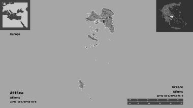 Attica 'nın şekli, Yunanistan' ın ademi merkeziyeti ve başkenti. Uzaklık ölçeği, ön gösterimler ve etiketler. Çift seviyeli yükseklik haritası. 3B görüntüleme