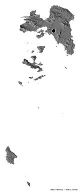 Yunanistan 'ın merkezden uzaklaştırılmış yönetimi olan Attica' nın şekli, başkenti beyaz arka planda izole edilmiş. Çift seviyeli yükseklik haritası. 3B görüntüleme