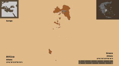 Attica 'nın şekli, Yunanistan' ın ademi merkeziyeti ve başkenti. Uzaklık ölçeği, ön gösterimler ve etiketler. Desenli dokuların bileşimi. 3B görüntüleme