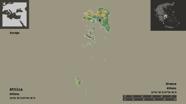 Attica 'nın şekli, Yunanistan' ın ademi merkeziyeti ve başkenti. Uzaklık ölçeği, ön gösterimler ve etiketler. Topografik yardım haritası. 3B görüntüleme