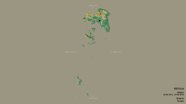 Yunanistan 'ın ademi merkeziyetçi idaresi Attica bölgesi, jeoreferatlı bir sınır kutusunda sağlam bir arka planda izole edilmiş. Etiketler. Topografik yardım haritası. 3B görüntüleme