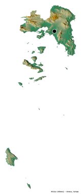 Yunanistan 'ın merkezden uzaklaştırılmış yönetimi olan Attica' nın şekli, başkenti beyaz arka planda izole edilmiş. Topografik yardım haritası. 3B görüntüleme