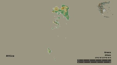 Yunanistan 'ın merkezden uzaklaştırılmış yönetimi olan Attica' nın şekli, sermayesi sağlam arka planda izole edilmiş. Uzaklık ölçeği, bölge önizlemesi ve etiketleri. Topografik yardım haritası. 3B görüntüleme