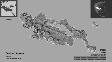 Orta Yunanistan 'ın şekli, Yunanistan' ın ademi merkeziyeti ve başkenti. Uzaklık ölçeği, ön gösterimler ve etiketler. Çift seviyeli yükseklik haritası. 3B görüntüleme