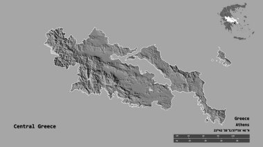Orta Yunanistan 'ın şekli, Yunanistan' ın merkeziyetçilikten arındırılmış yönetimi, sermayesi sağlam arka planda izole edilmiş. Uzaklık ölçeği, bölge önizlemesi ve etiketleri. Çift seviyeli yükseklik haritası. 3B görüntüleme