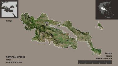 Orta Yunanistan 'ın şekli, Yunanistan' ın ademi merkeziyeti ve başkenti. Uzaklık ölçeği, ön gösterimler ve etiketler. Uydu görüntüleri. 3B görüntüleme