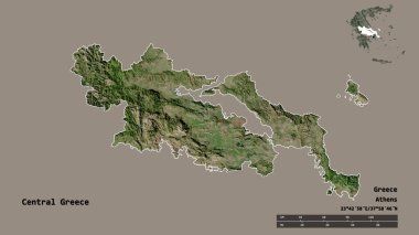 Orta Yunanistan 'ın şekli, Yunanistan' ın merkeziyetçilikten arındırılmış yönetimi, sermayesi sağlam arka planda izole edilmiş. Uzaklık ölçeği, bölge önizlemesi ve etiketleri. Uydu görüntüleri. 3B görüntüleme