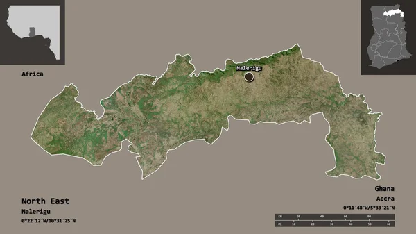 东北部形状 加纳地区及其首都 距离刻度 预览和标签 卫星图像 3D渲染 — 图库照片