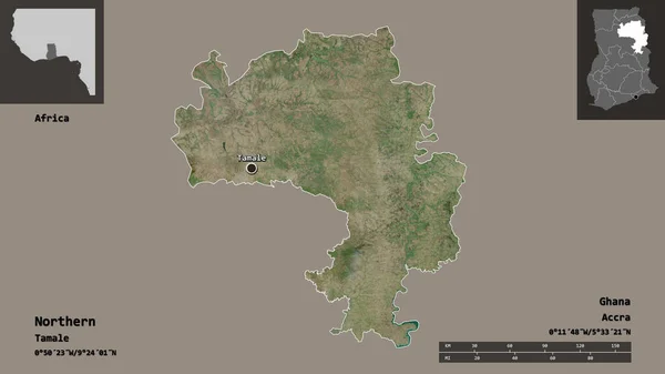 加纳北部形状 加纳地区及其首都 距离刻度 预览和标签 卫星图像 3D渲染 — 图库照片