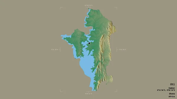 加纳地区奥提岛的一个区域 在一个地理参照框的坚实背景上被隔离 地形浮雕图 3D渲染 — 图库照片