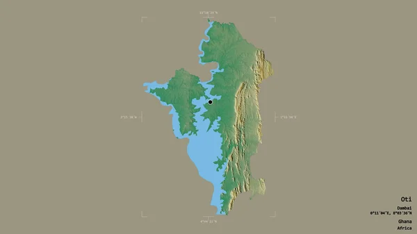 ガーナの地域であるOtiの地域は 洗練された境界ボックス内のしっかりとした背景に隔離されています ラベル 地形図 3Dレンダリング — ストック写真