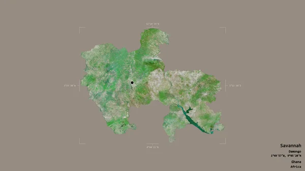 ガーナの地域であるサバンナの地域は 洗練された境界ボックス内の強固な背景に隔離されています ラベル 衛星画像 3Dレンダリング — ストック写真