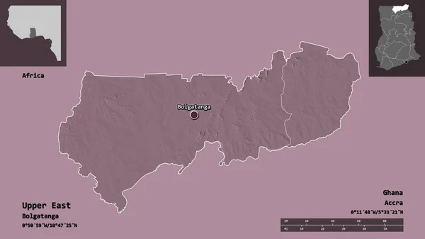 上部東の形状 ガーナの地域 そしてその首都 距離スケール プレビューおよびラベル 色の標高マップ 3Dレンダリング — ストック写真