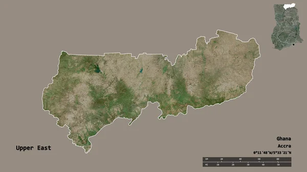 加纳地区上东区的形状 其首都在坚实的背景上与世隔绝 距离尺度 区域预览和标签 卫星图像 3D渲染 — 图库照片