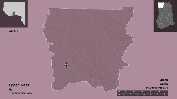 上部西 ガーナの地域 およびその首都の形状 距離スケール プレビューおよびラベル 色の標高マップ 3Dレンダリング — ストック写真