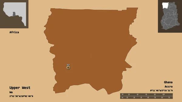 上部西 ガーナの地域 およびその首都の形状 距離スケール プレビューおよびラベル パターン化されたテクスチャの構成 3Dレンダリング — ストック写真