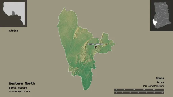 加纳西部的形状 加纳地区及其首都 距离刻度 预览和标签 地形浮雕图 3D渲染 — 图库照片