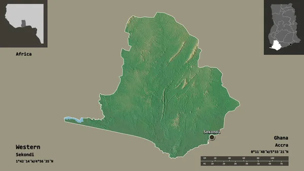 西部形状 加纳地区 及其首都 距离刻度 预览和标签 地形浮雕图 3D渲染 — 图库照片