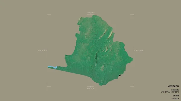 加纳西部的一个地区 在一个地理参考方块中 在坚实的背景下被隔离 地形浮雕图 3D渲染 — 图库照片