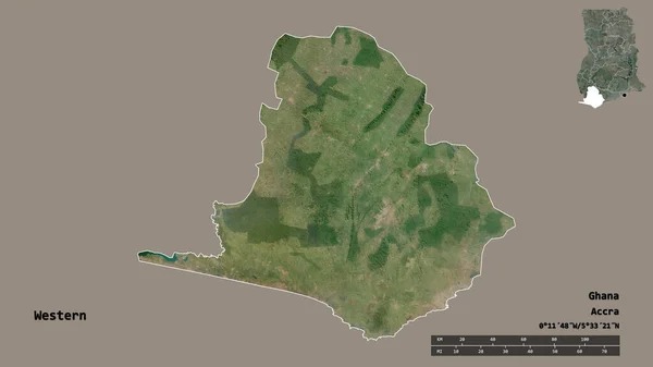 加纳西部的形状 其首都孤立在坚实的背景上 距离尺度 区域预览和标签 卫星图像 3D渲染 — 图库照片